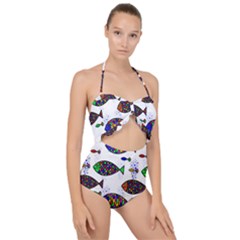 Fish Abstract Colorful Scallop Top Cut Out Swimsuit by Maspions