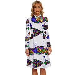 Fish Abstract Colorful Long Sleeve Shirt Collar A-line Dress by Maspions