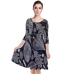 Leaves Flora Black White Nature Quarter Sleeve Waist Band Dress by Maspions