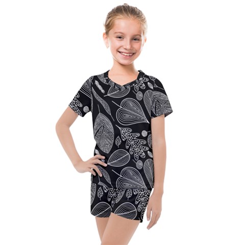 Leaves Flora Black White Nature Kids  Mesh T-shirt And Shorts Set by Maspions