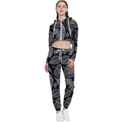 Leaves Flora Black White Nature Cropped Zip Up Lounge Set by Maspions