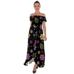 Embroidery Seamless Pattern With Flowers Off Shoulder Open Front Chiffon Dress by Apen