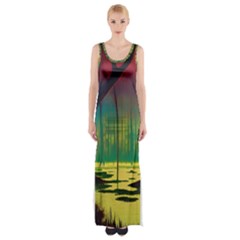 Nature Swamp Water Sunset Spooky Night Reflections Bayou Lake Thigh Split Maxi Dress by Posterlux