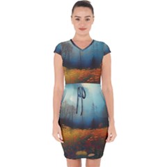 Wildflowers Field Outdoors Clouds Trees Cover Art Storm Mysterious Dream Landscape Capsleeve Drawstring Dress  by Posterlux