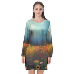 Wildflowers Field Outdoors Clouds Trees Cover Art Storm Mysterious Dream Landscape Long Sleeve Chiffon Shift Dress  by Posterlux