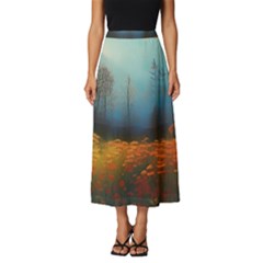 Wildflowers Field Outdoors Clouds Trees Cover Art Storm Mysterious Dream Landscape Classic Midi Chiffon Skirt by Posterlux