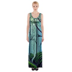 Nature Outdoors Night Trees Scene Forest Woods Light Moonlight Wilderness Stars Thigh Split Maxi Dress by Posterlux