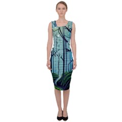 Nature Outdoors Night Trees Scene Forest Woods Light Moonlight Wilderness Stars Sleeveless Pencil Dress by Posterlux