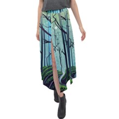 Nature Outdoors Night Trees Scene Forest Woods Light Moonlight Wilderness Stars Velour Split Maxi Skirt by Posterlux