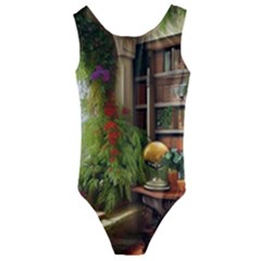 Room Interior Library Books Bookshelves Reading Literature Study Fiction Old Manor Book Nook Reading Kids  Cut-out Back One Piece Swimsuit by Posterlux