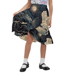 Starry Sky Moon Space Cosmic Galaxy Nature Art Clouds Art Nouveau Abstract Kids  Ruffle Flared Wrap Midi Skirt by Posterlux