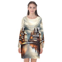 Village Reflections Snow Sky Dramatic Town House Cottages Pond Lake City Long Sleeve Chiffon Shift Dress  by Posterlux