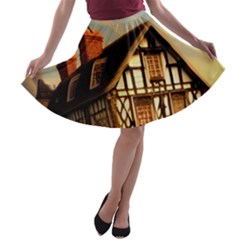 Village House Cottage Medieval Timber Tudor Split Timber Frame Architecture Town Twilight Chimney A-line Skater Skirt by Posterlux