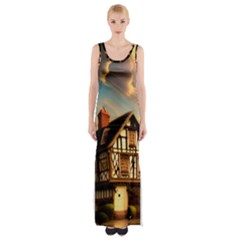 Village House Cottage Medieval Timber Tudor Split Timber Frame Architecture Town Twilight Chimney Thigh Split Maxi Dress by Posterlux