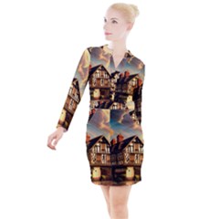 Village House Cottage Medieval Timber Tudor Split Timber Frame Architecture Town Twilight Chimney Button Long Sleeve Dress by Posterlux