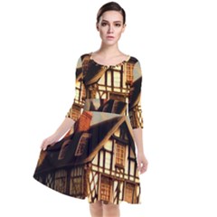 Village House Cottage Medieval Timber Tudor Split Timber Frame Architecture Town Twilight Chimney Quarter Sleeve Waist Band Dress by Posterlux