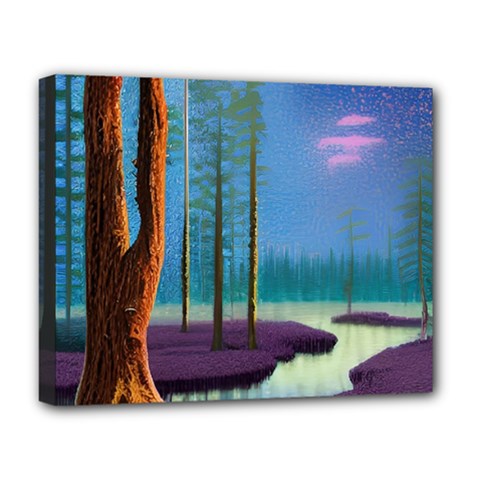 Artwork Outdoors Night Trees Setting Scene Forest Woods Light Moonlight Nature Deluxe Canvas 20  X 16  (stretched) by Posterlux