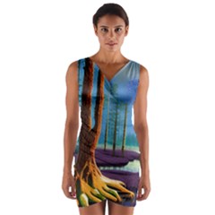 Artwork Outdoors Night Trees Setting Scene Forest Woods Light Moonlight Nature Wrap Front Bodycon Dress by Posterlux