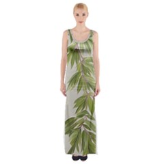 Watercolor Leaves Branch Nature Plant Growing Still Life Botanical Study Thigh Split Maxi Dress by Posterlux