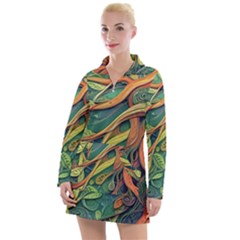 Outdoors Night Setting Scene Forest Woods Light Moonlight Nature Wilderness Leaves Branches Abstract Women s Long Sleeve Casual Dress by Posterlux