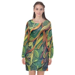 Outdoors Night Setting Scene Forest Woods Light Moonlight Nature Wilderness Leaves Branches Abstract Long Sleeve Chiffon Shift Dress  by Posterlux