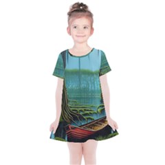 Boat Canoe Swamp Bayou Roots Moss Log Nature Scene Landscape Water Lake Setting Abandoned Rowboat Fi Kids  Simple Cotton Dress by Posterlux