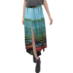 Boat Canoe Swamp Bayou Roots Moss Log Nature Scene Landscape Water Lake Setting Abandoned Rowboat Fi Velour Split Maxi Skirt by Posterlux