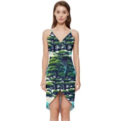 Pine Moon Tree Landscape Nature Scene Stars Setting Night Midnight Full Moon Wrap Frill Dress by Posterlux