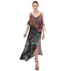 Night Sky Nature Tree Night Landscape Forest Galaxy Fantasy Dark Sky Planet Maxi Chiffon Cover Up Dress by Posterlux