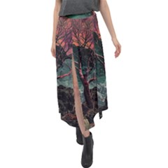 Night Sky Nature Tree Night Landscape Forest Galaxy Fantasy Dark Sky Planet Velour Split Maxi Skirt by Posterlux