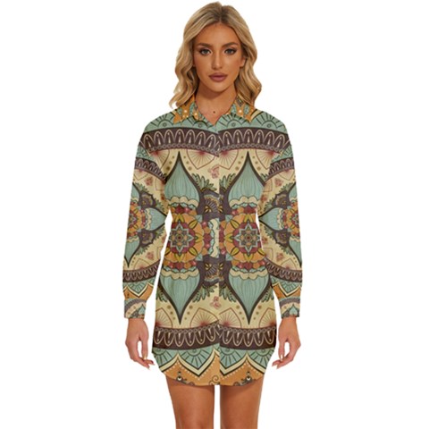 Mandala Floral Decorative Flower Womens Long Sleeve Shirt Dress by Maspions