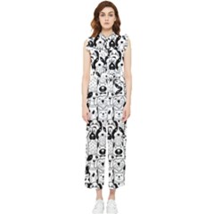 Seamless Pattern With Black White Doodle Dogs Women s Frill Top Chiffon Jumpsuit by Grandong