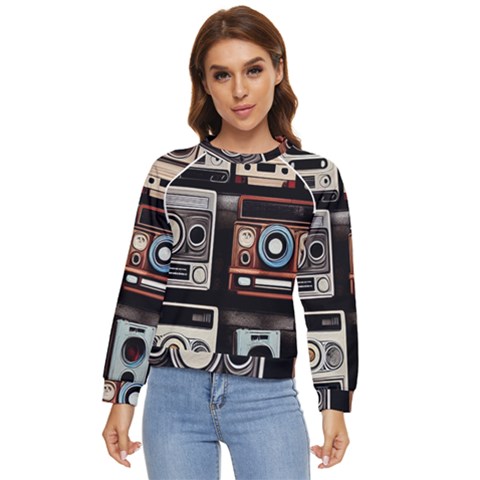 Retro Cameras Old Vintage Antique Technology Wallpaper Retrospective Women s Long Sleeve Raglan T-shirt by Grandong