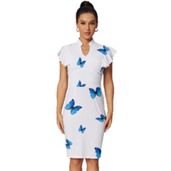 Butterfly-blue-phengaris Vintage Frill Sleeve V-neck Bodycon Dress by saad11