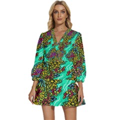 Background Leaves River Nature V-neck Placket Mini Dress by Maspions