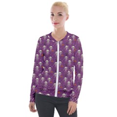 Skull Halloween Pattern Velvet Zip Up Jacket by Maspions