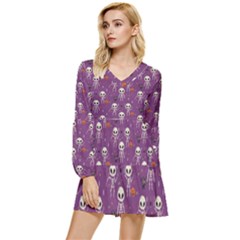 Skull Halloween Pattern Tiered Long Sleeve Mini Dress by Maspions