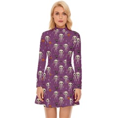 Skull Halloween Pattern Long Sleeve Velour Longline Dress by Maspions