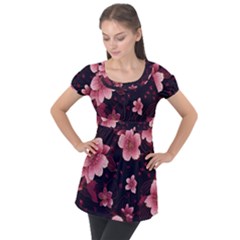 Flower Sakura Bloom Puff Sleeve Tunic Top by Maspions