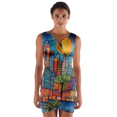 City New York Nyc Skyscraper Skyline Downtown Night Business Urban Travel Landmark Building Architec Wrap Front Bodycon Dress by Posterlux