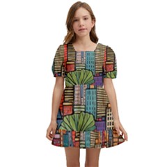 City New York Nyc Skyscraper Skyline Downtown Night Business Urban Travel Landmark Building Architec Kids  Short Sleeve Dolly Dress by Posterlux