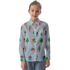 House Trees Pattern Background Kids  Long Sleeve Shirt by Maspions