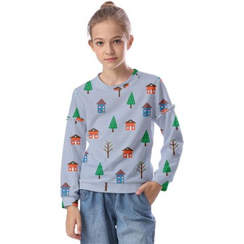 House Trees Pattern Background Kids  Long Sleeve T-shirt With Frill  by Maspions