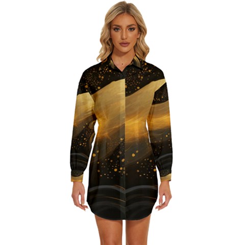 Abstract Gold Wave Background Womens Long Sleeve Shirt Dress by Maspions