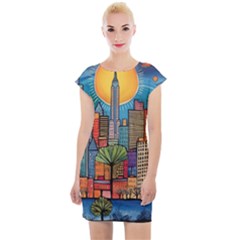 City New York Nyc Skyscraper Skyline Downtown Night Business Urban Travel Landmark Building Architec Cap Sleeve Bodycon Dress by Posterlux