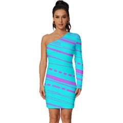 Wave Stripe Pattern Design Aqua Long Sleeve One Shoulder Mini Dress by Ndabl3x