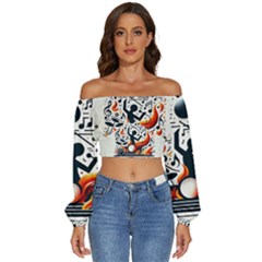 Abstract Drummer Long Sleeve Crinkled Weave Crop Top by RiverRootz