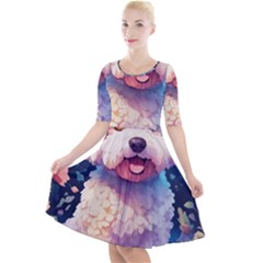 Cute Puppy With Flowers Quarter Sleeve A-line Dress With Pockets by Sparkle