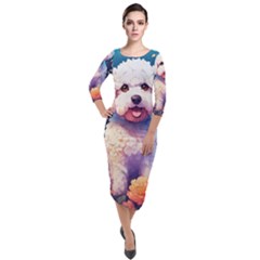 Cute Puppy With Flowers Quarter Sleeve Midi Velour Bodycon Dress by Sparkle