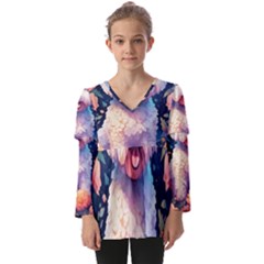 Cute Puppy With Flowers Kids  V Neck Casual Top by Sparkle